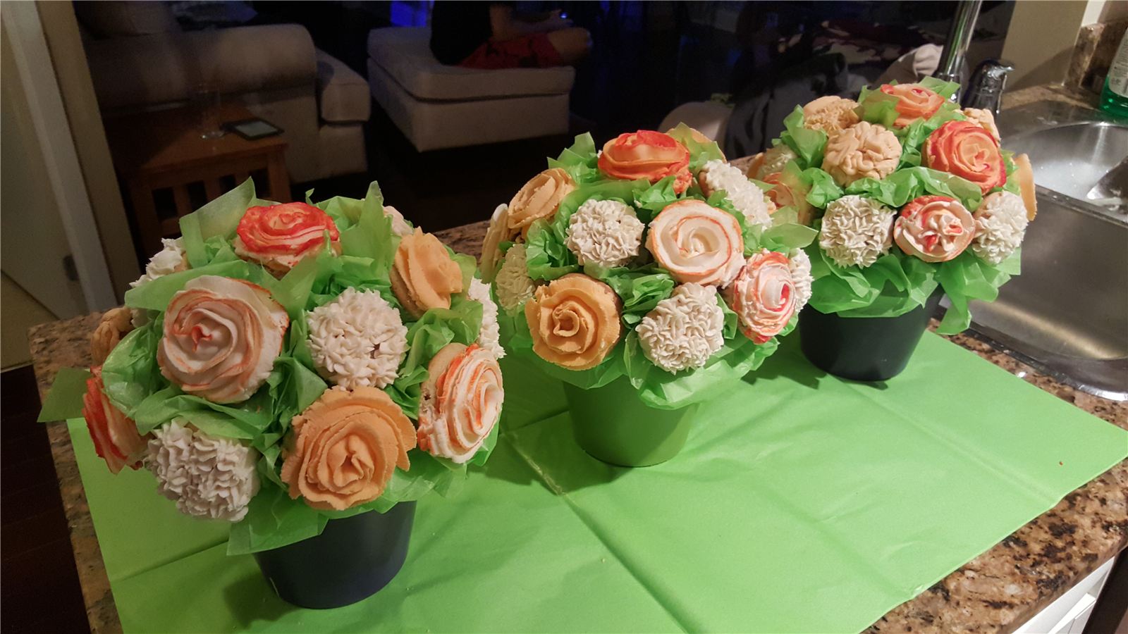 Cupcake bouquets arranged in pots