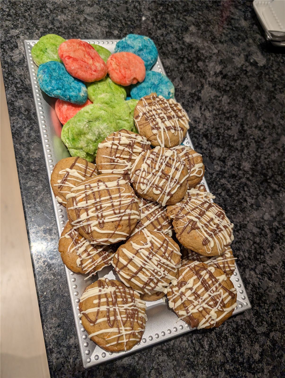 Marbled rainbow cookies and chocolate drizzle cookies