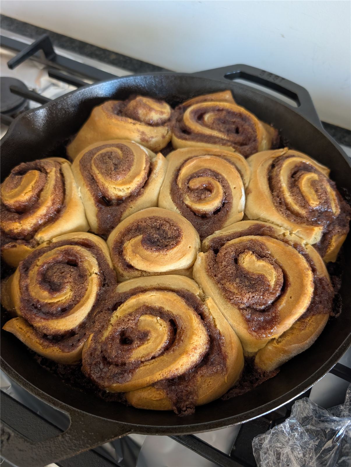 Cinnamon rolls baked in a cast iron skillet