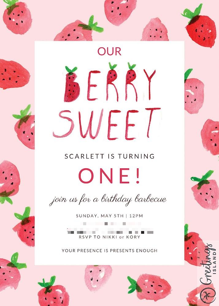 Berry Sweet first birthday barbecue invitation with watercolor strawberries