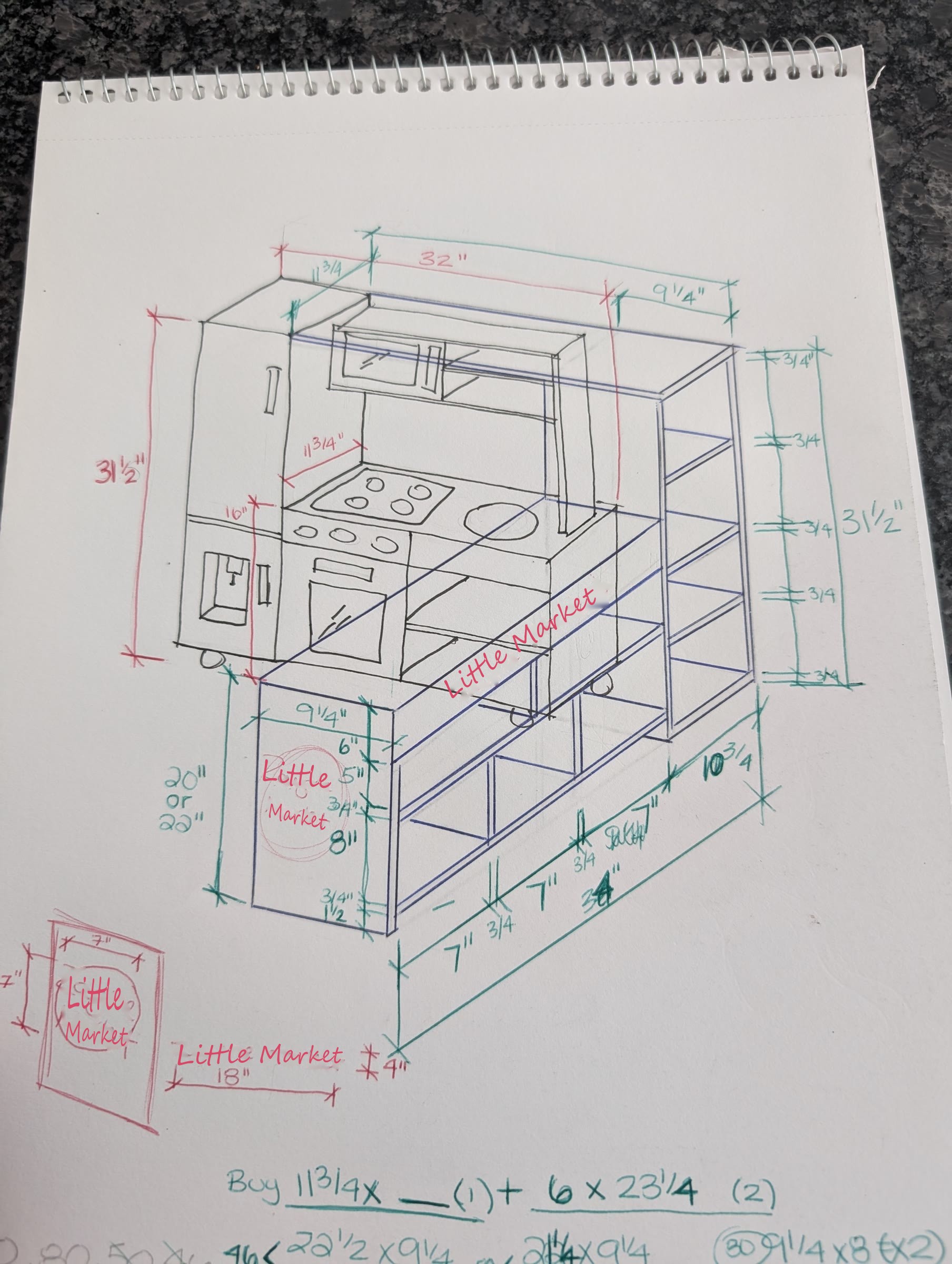 Hand-drawn sketch of the checkout counter built alongside the existing play kitchen, with measurements and a buying list