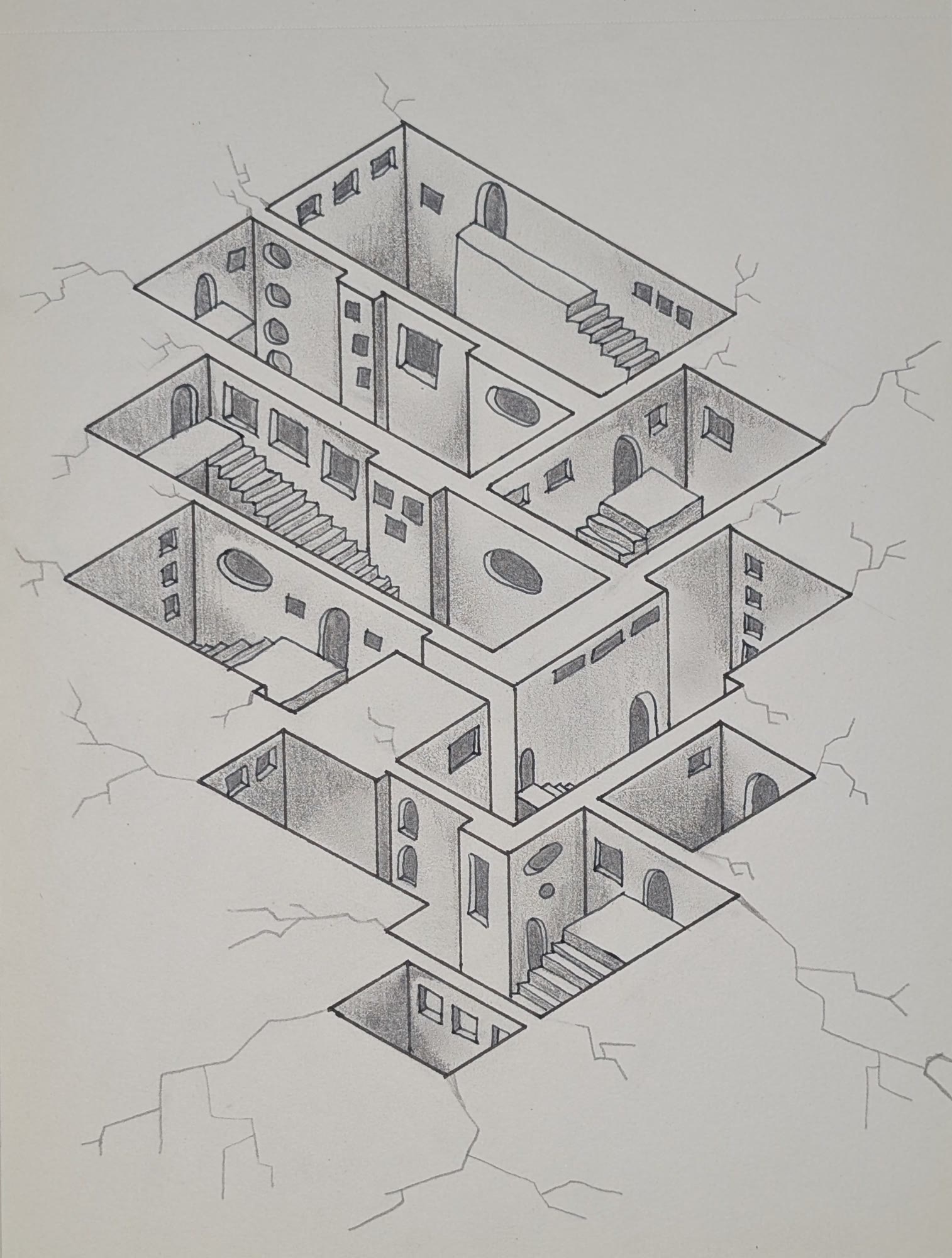 Isometric pen and pencil drawing of a building cut into stacked rooms with stairs, arched doorways and windows, with cracks running across the paper