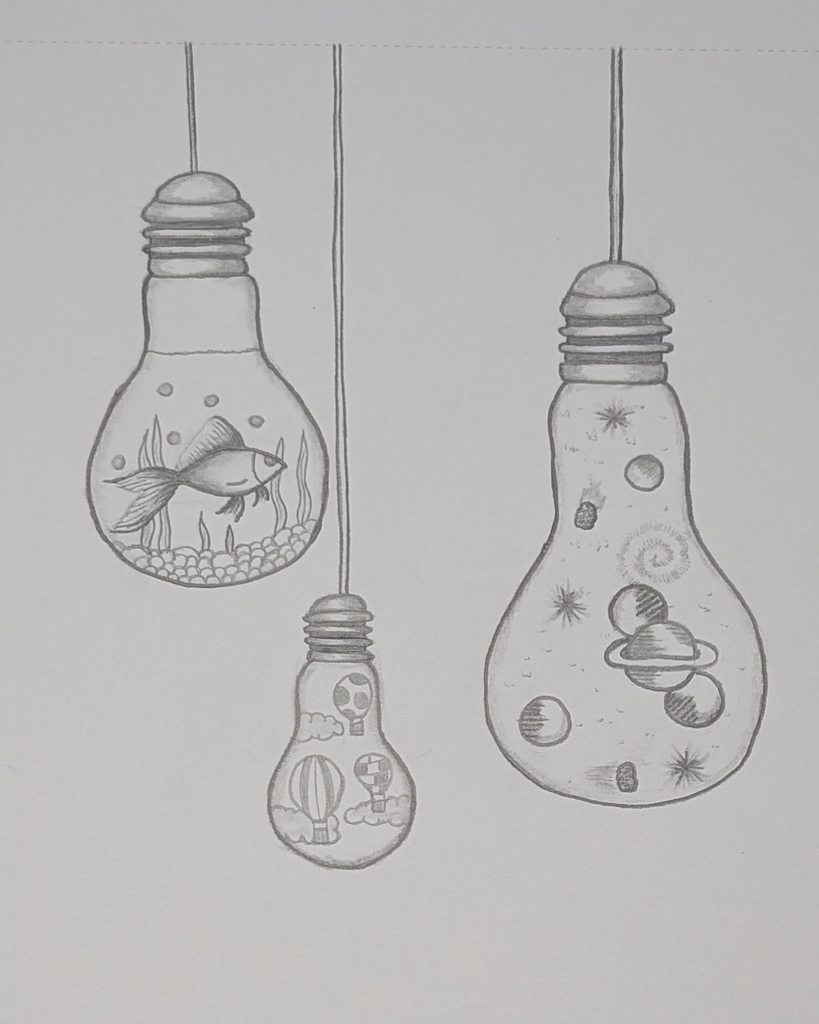 Pencil drawing of three hanging light bulbs, each holding its own world: a goldfish tank, hot air balloons, and planets and stars
