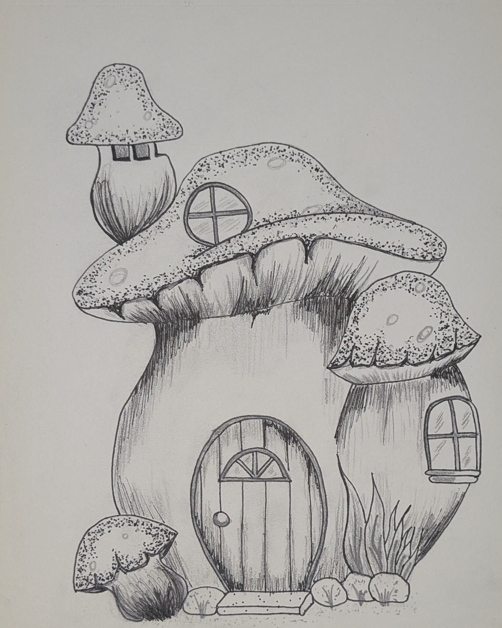 Pen and pencil drawing of a fairy mushroom house with a round wooden door, windows, and stippled mushroom caps