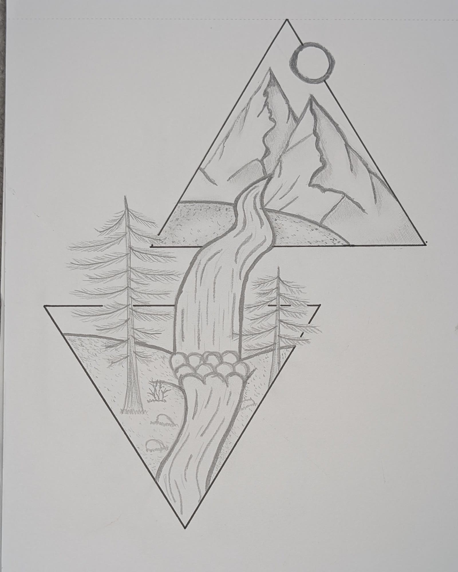Pencil drawing of a waterfall running between two triangles, with mountains and a sun in the top triangle and pine trees in the bottom one