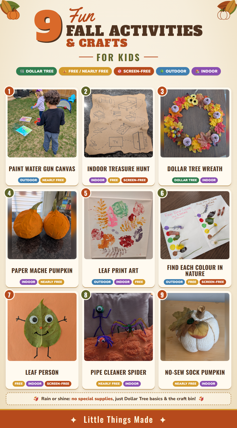 9 Fun Fall Activities and Crafts for Kids: paint water gun canvas, indoor treasure hunt, Dollar Tree wreath, paper mache pumpkin, leaf print art, find each colour in nature, leaf person, pipe cleaner spider, and no-sew sock pumpkin