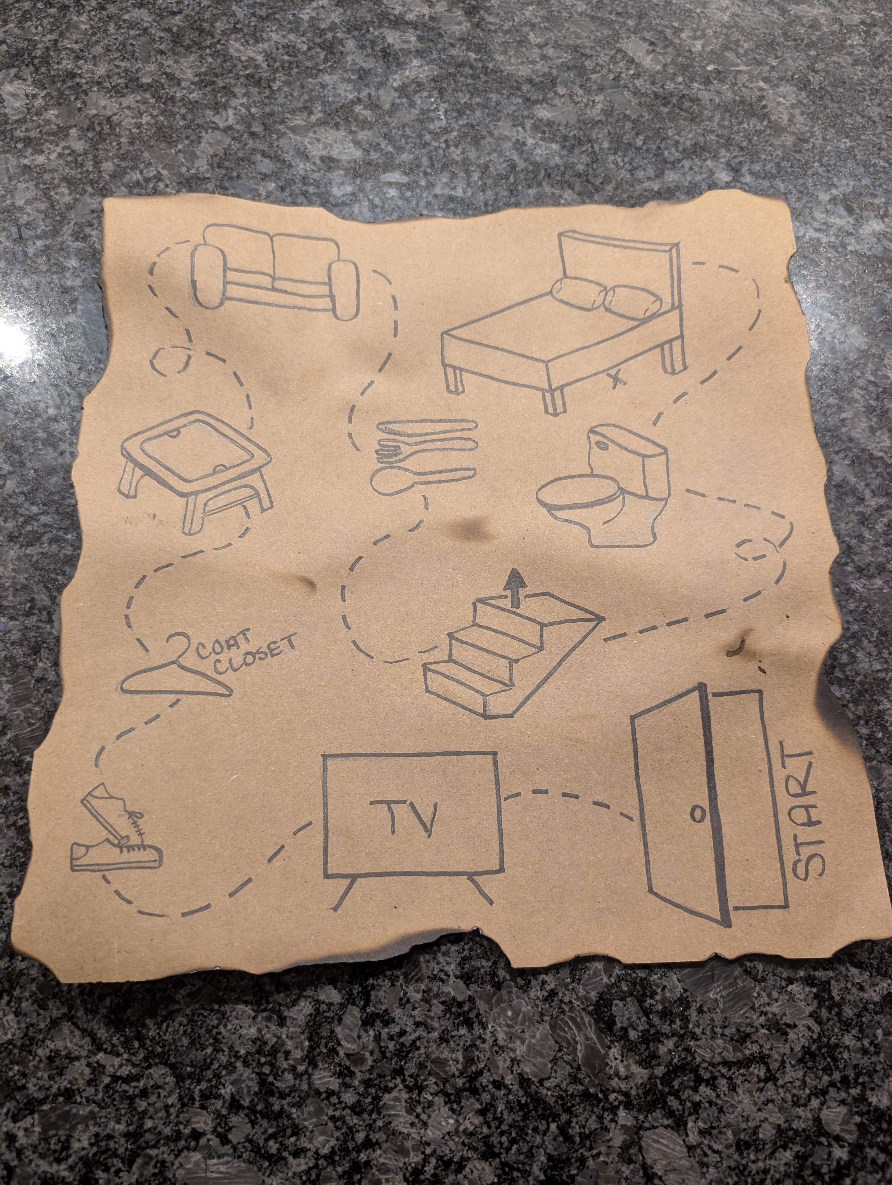 Hand-drawn indoor treasure map marking furniture around the house