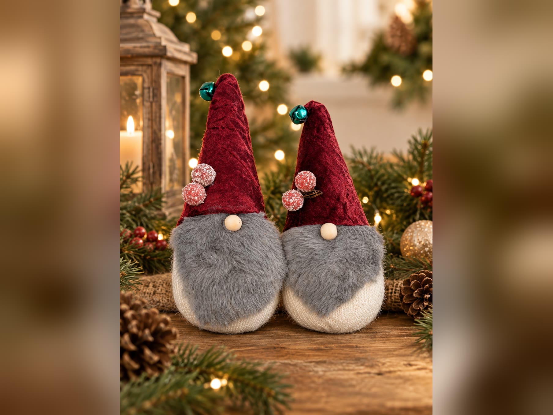 Two sock gnomes with grey faux fur beards, red velvet hats and wood bead noses