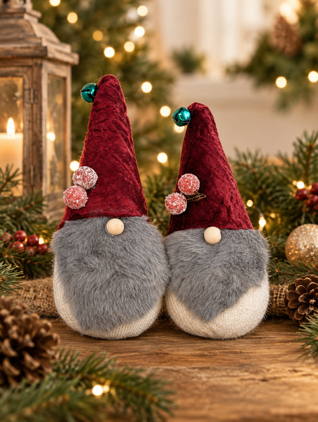 Two finished sock gnomes with grey faux fur beards, red velvet hats, wood bead noses, frosted berries and a green bell on top of each hat, styled with pine branches, a lantern and string lights
