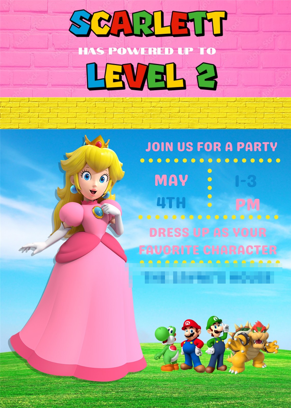 Scarlett has powered up to Level 2 Super Mario birthday invitation with Princess Peach