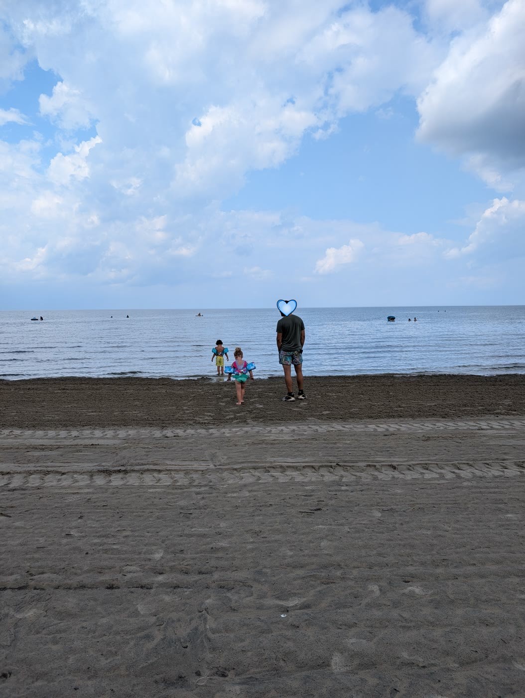A man and two small children standing at the edge of a calm lake on a cloudy day, seen from behind